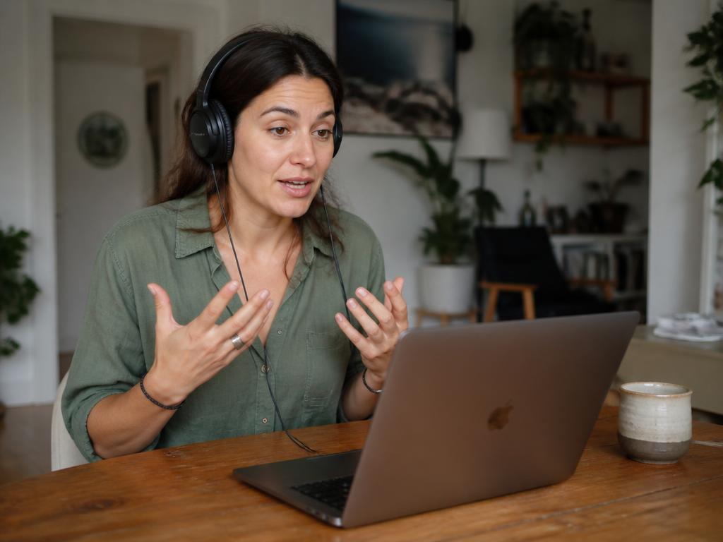 Mulher em sessão de terapia online pelo notebook em casa